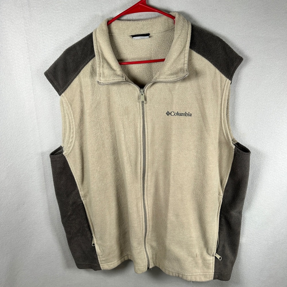 Columbia Vest Mens XXL Beige Charcoal Fleece Full Zip Outdoor GUC